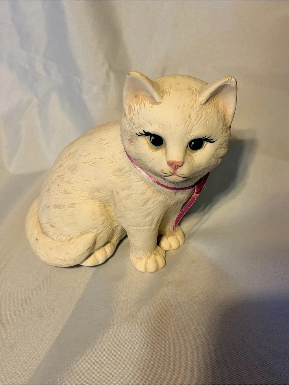 Vintage White Cat Figurine Pink Ribbon Big Eyes Cottagecore Kitty Decor